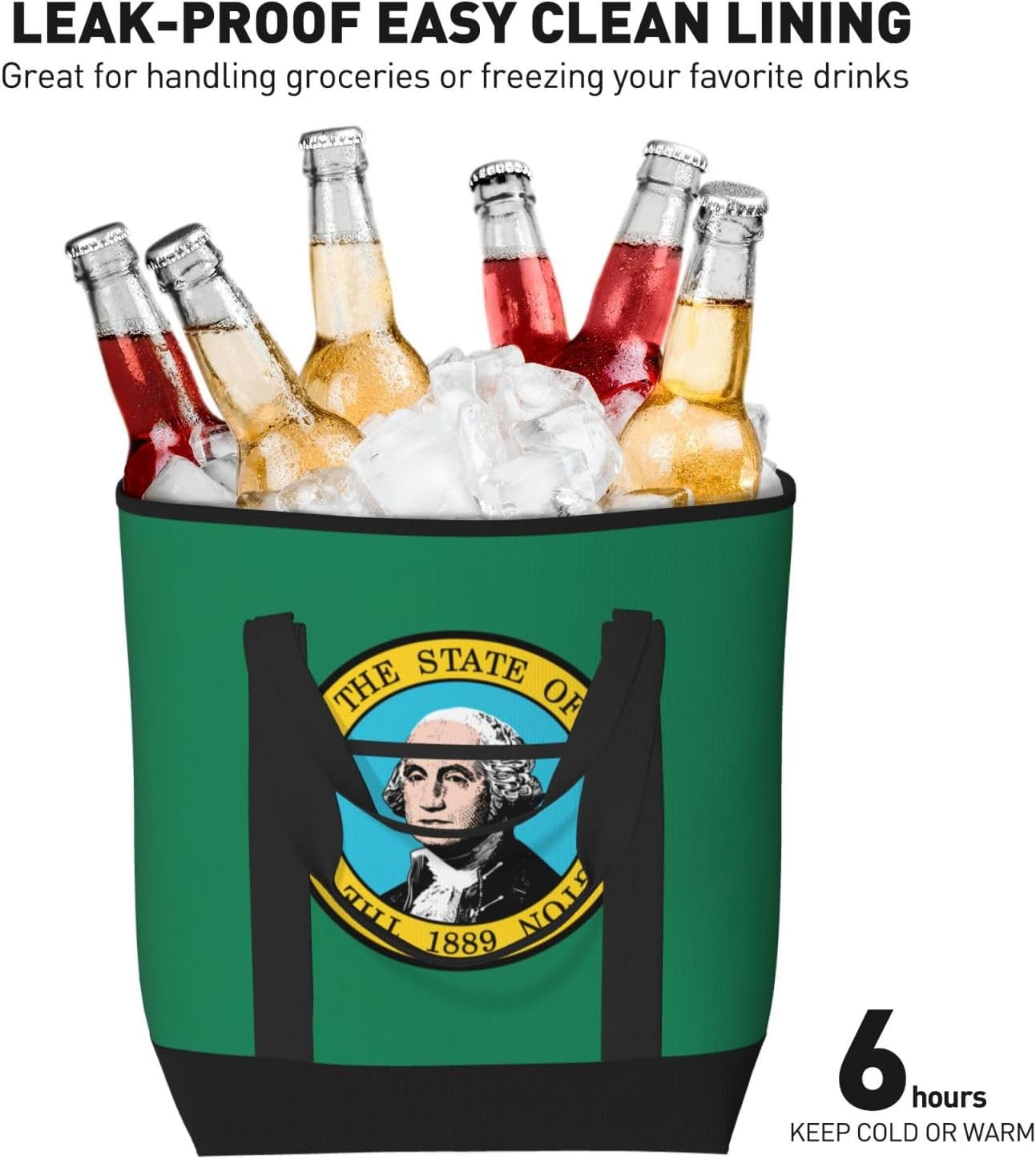 Washington Flag Print Large Cooler Bag Tote Bag,Reusable Grocery Bag,Lunch Box Bag, For Picnic Beach Camping