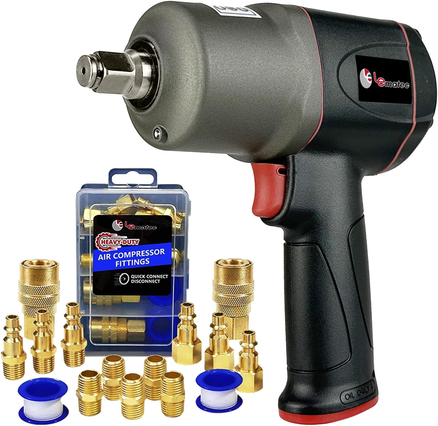 LE LEMATEC Air Impact Wrench & 15pc Hose Fitting Kit for Auto & Shop Use