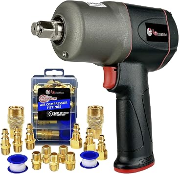 LE LEMATEC Air Impact Wrench & 15pc Hose Fitting Kit for Auto & Shop Use