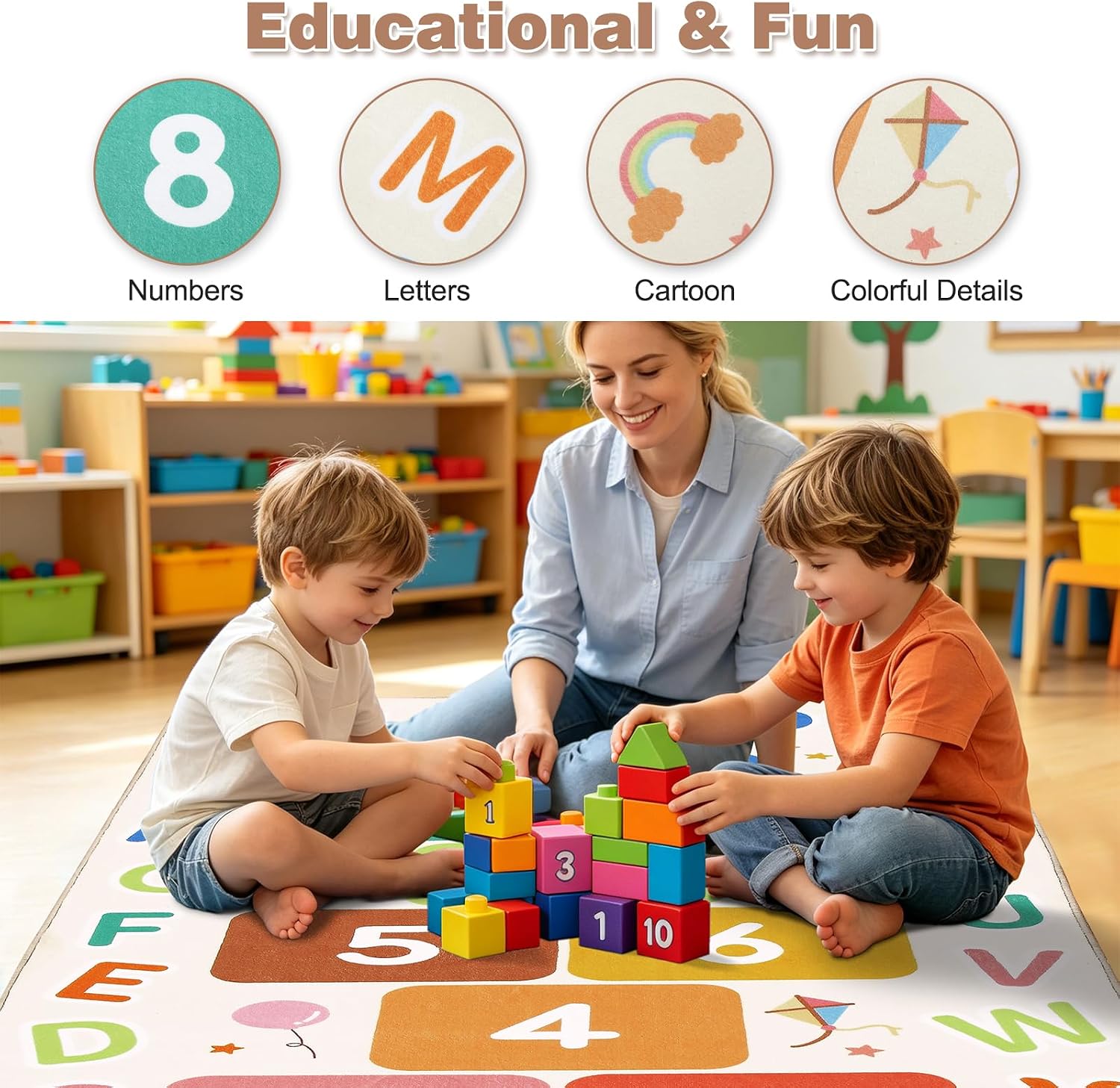 Hopscotch Rug for Kids Washable Hop Count ABC Educational Play Mat | Non-Slip Fun Learning Game Carpet for Playroom, Classroom, Bedroom, Nursery, Daycare, Beige 31.5″x 63″