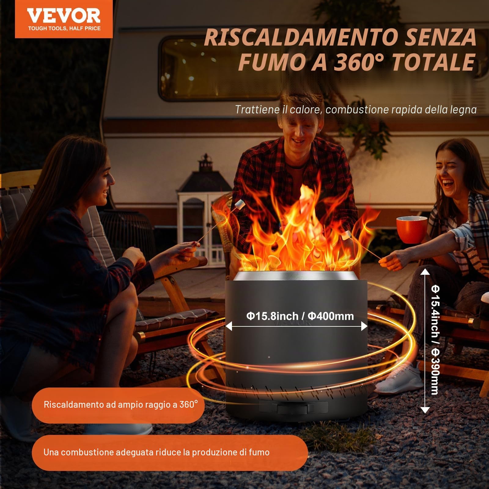 VEVOR Braciere Senza Fumo 400 x 390 mm Braciere da Esterni con Cassetto Cenere Rimovibile, Braciere Portatile 6,5 kg Interno in Acciaio Inossidabile SUS430, per Campeggio all'Aperto in Patio, Nero