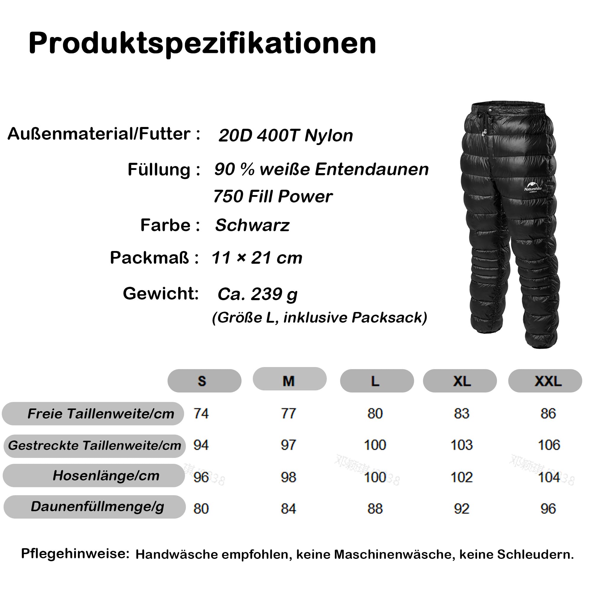 Naturehike Ultraleichte Daunenhose, Gefüllt 90% 750 FPweißer Entenflaum, Geruchs- und fremdstofffrei,Wasserdicht und Winddicht Schneehose, Thermohose Winter für Camping, Bergsteigen