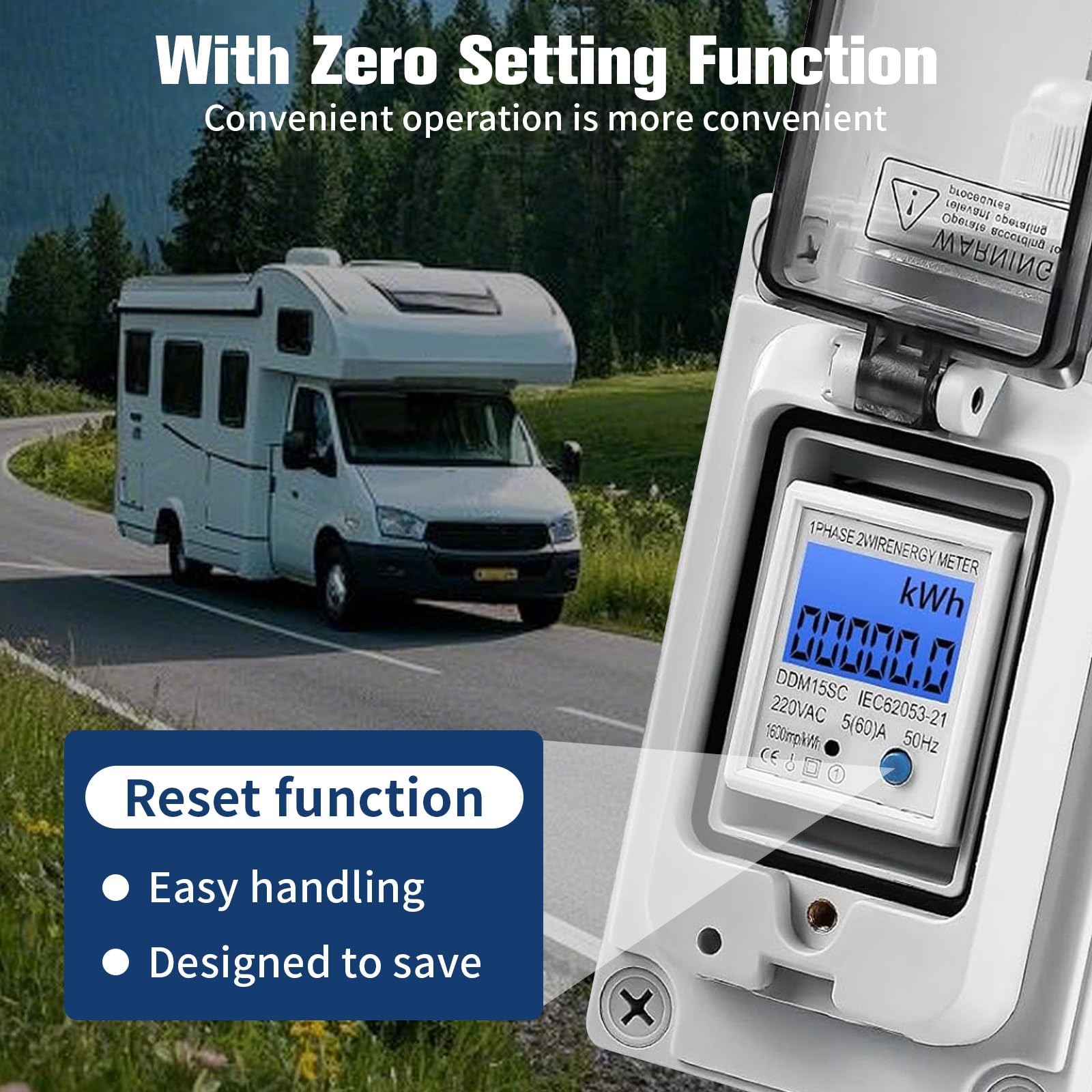 Contatore elettrico digitale per presa di corrente – Misuratore di consumo digitale portatile con design impermeabile IP67, funzione di interruzione di corrente e corrente nominale 16 A per camper