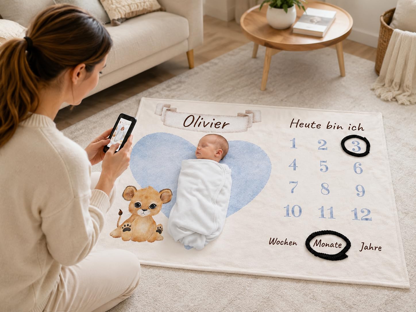 Personalisierte Babydecke mit Namen und Datum - Kuschelige Meilensteindecke aus Minky-Fleece, Ideal als Geburtsgeschenk (Deutsch) (Meilensteindecke Deutsch)
