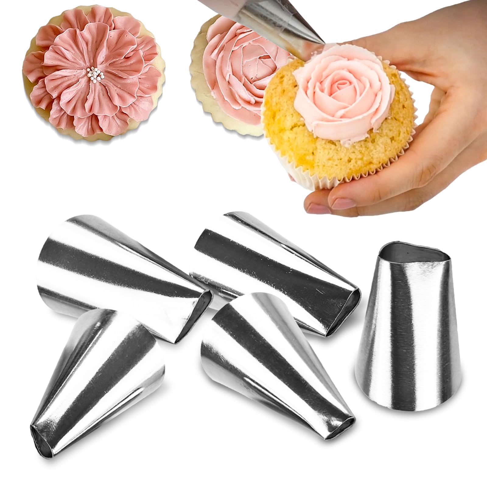 Set 6 Beccucci Per Glassa In Acciaio Inox - Grandi Ugelli Per Pasticceria, 3 Forme Diverse Per Decorare Torte E Cupcake - 2