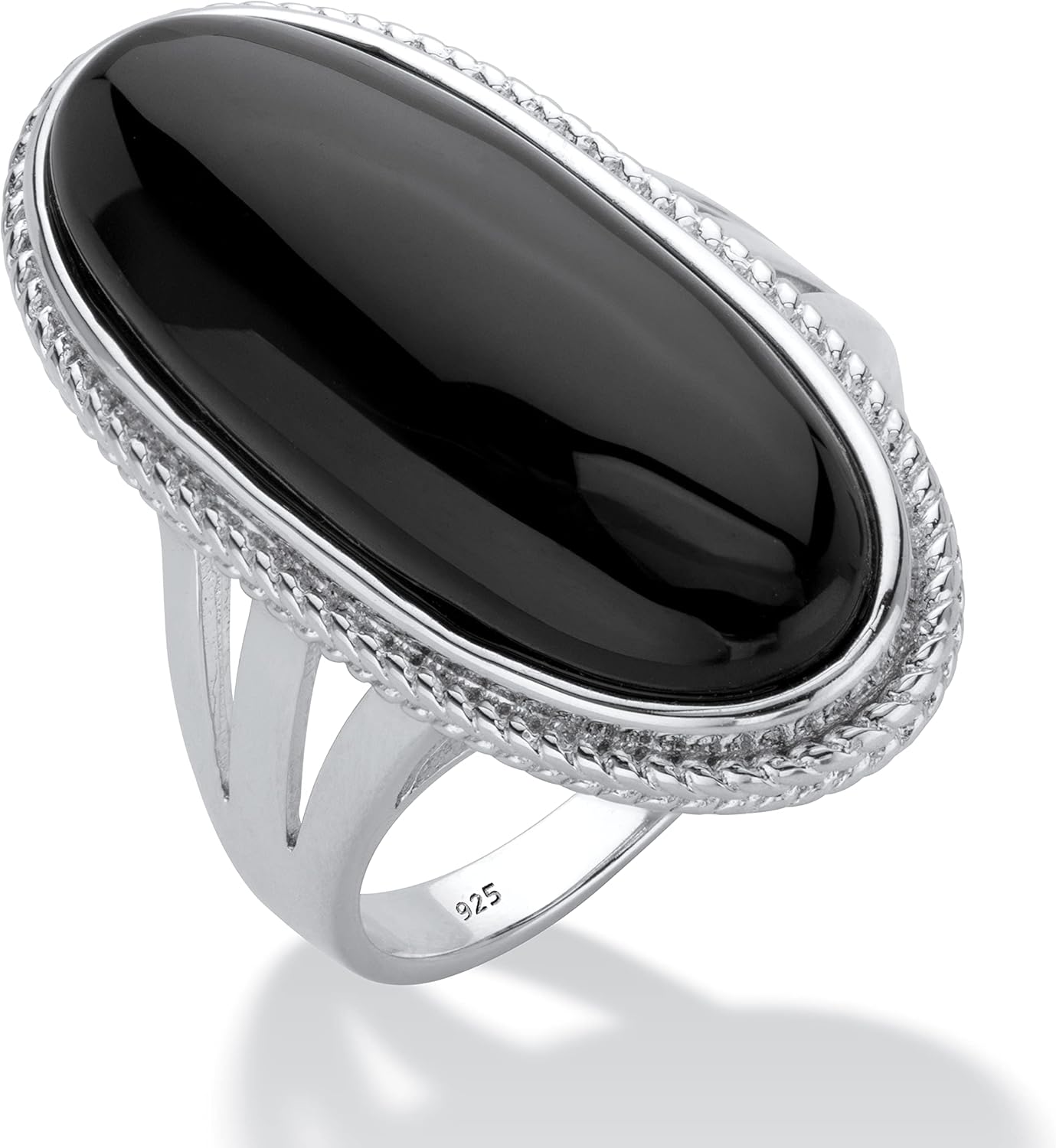 PalmBeach Sterling Silver Oval Shaped Natural Black Onyx Spllit Shank Ring Sizes 6-12