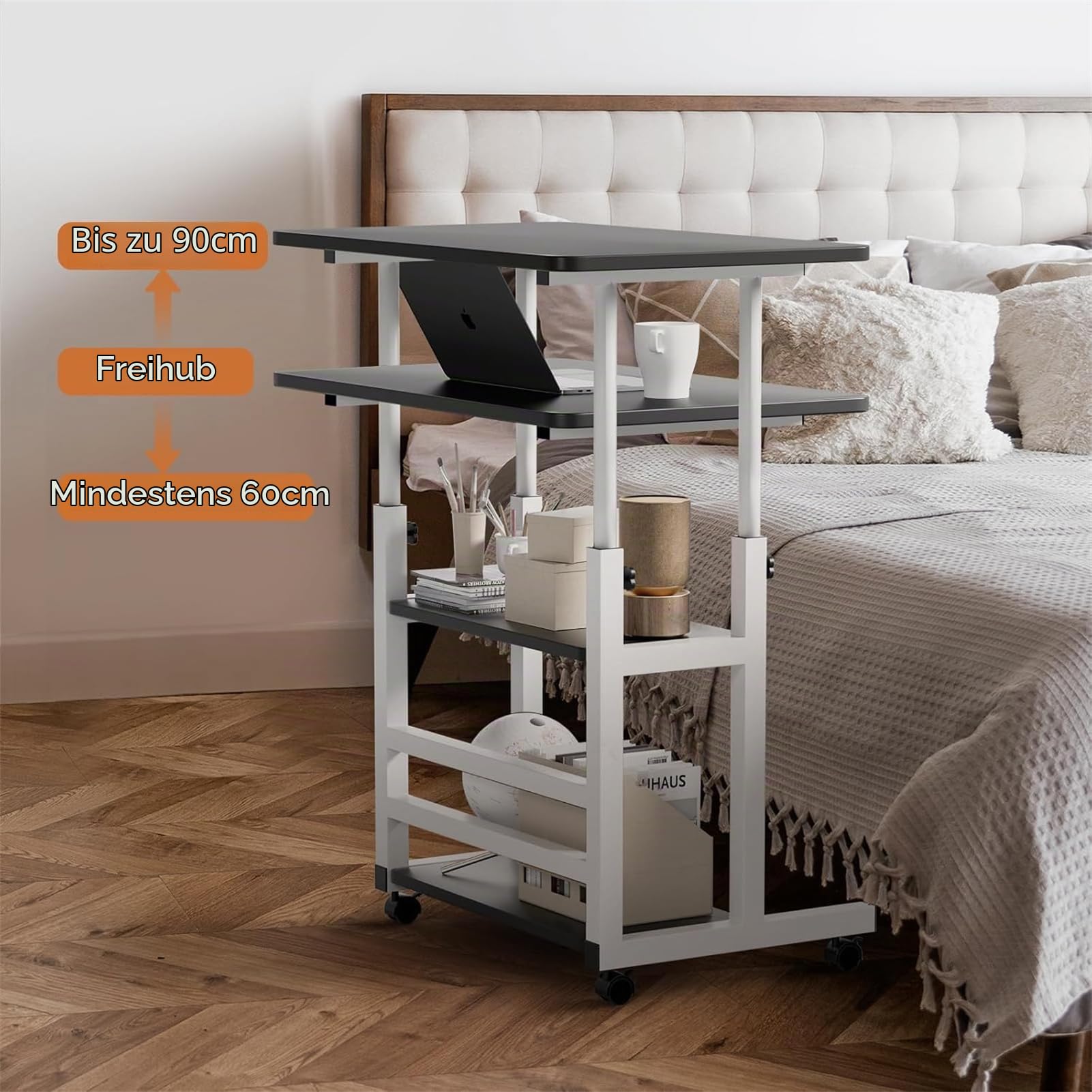 Warmiehomy Höhenverstellbarer Schreibtisch Platzsparender Laptoptisch 60x40cm Computertisch mit Rollen Schreibtisch Schwarz mit Regal Mobiler Beistelltisch PC Tisch für Home Office,Bett,Sofa,Schwarz