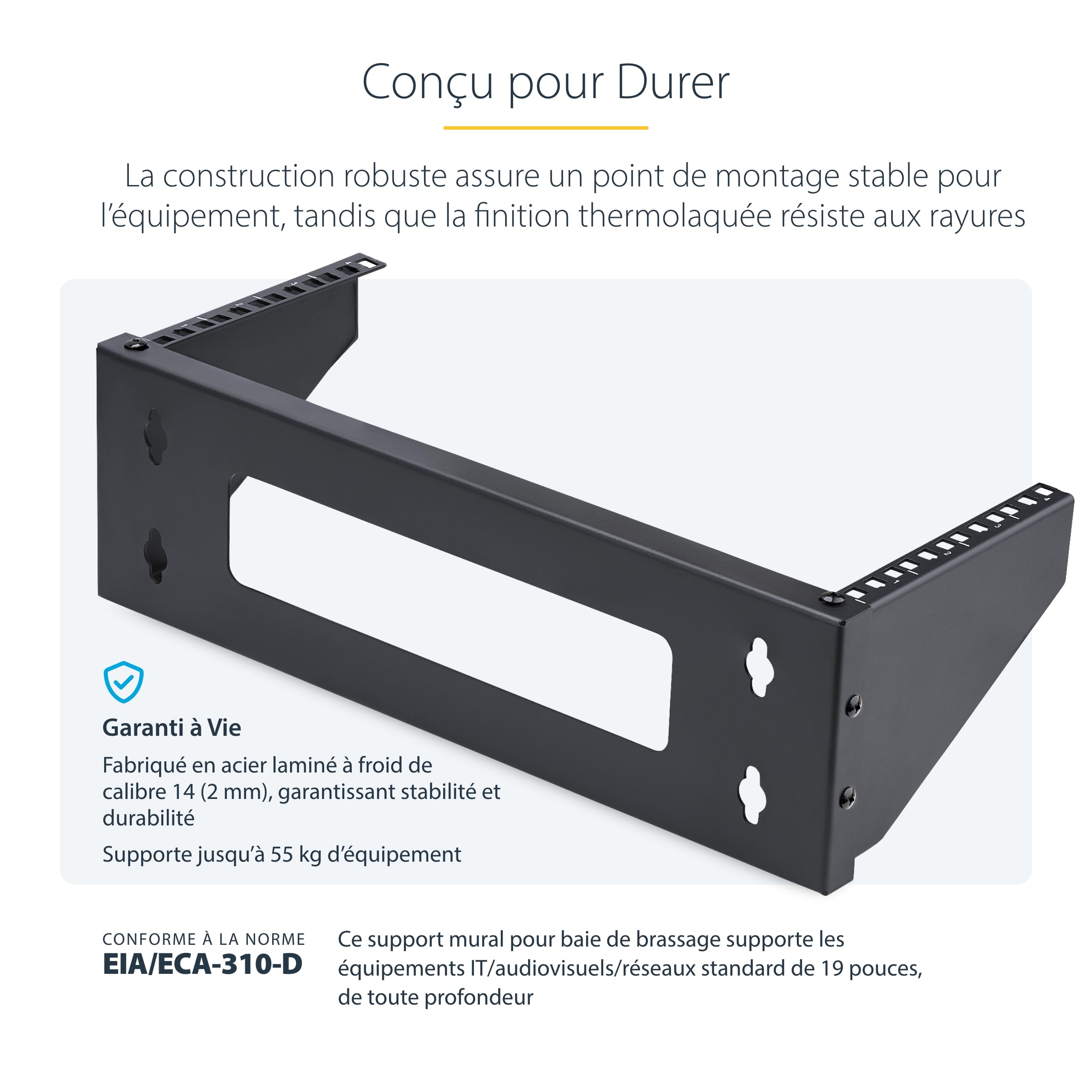 StarTech Support Mural Vertical 4U Montable Rack, 19", 55kg (RK419WALLV-N) | Panneaux de brassage, NAS, Serveurs, EIA-310, Encombrement minimal