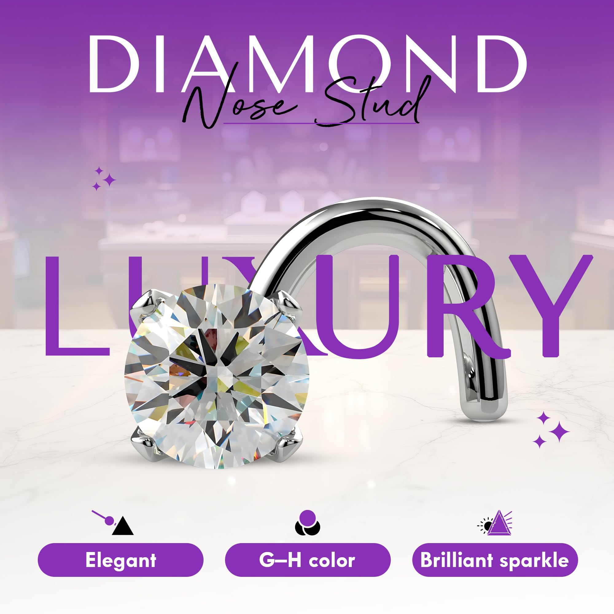 FreshTrends Diamond Nose Ring – Genuine Diamond Nose Stud – 14K Real Gold Nose Ring Twist Screw – Made in USA