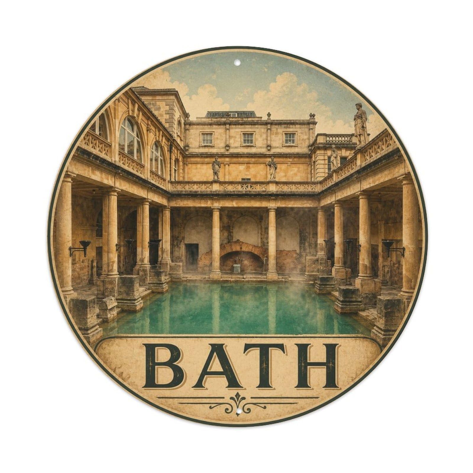 Bath Roman Baths Ancient Vintage Travel Historic Landmark Metal Tin Sign Plaque Wall Decor for Cafe, Man Cave, Club Bar, Office, Home Garden Round Metal Poster 8x8Inch