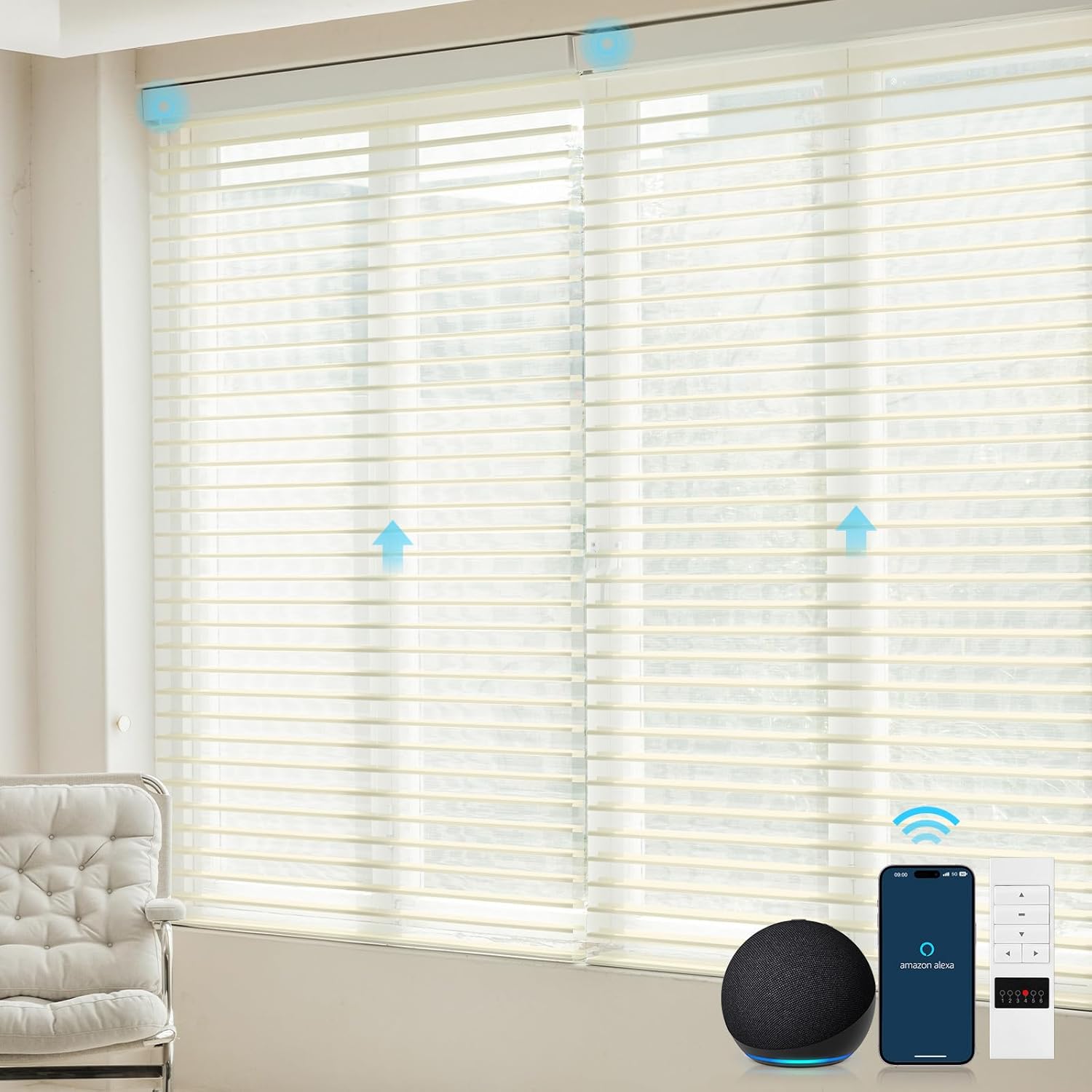 ZSTARR Motorized Shangri-La Shades Light Filtering Shangri-La Window Roller Shades Compatible with Alexa Google Remote Control Rechargeable Smart Shangri-La Sheer Blinds Customized Size (Light Blue)