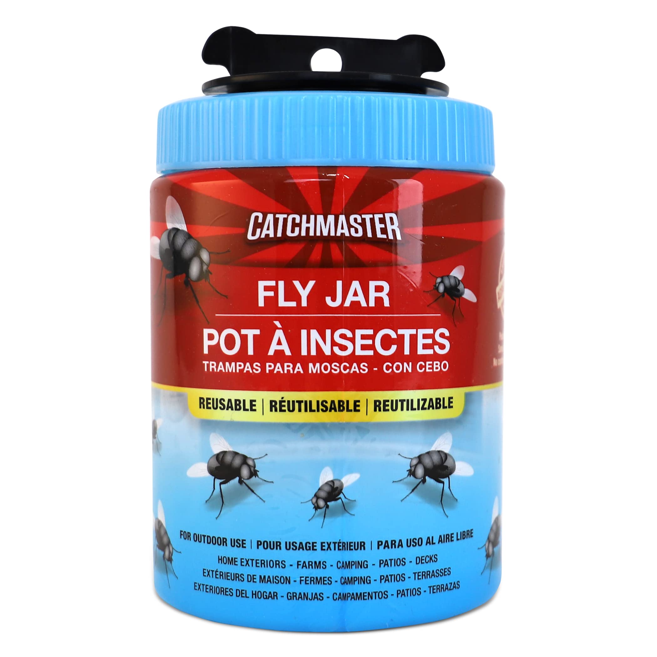Catchmaster Reusable Trap Fly Jar - 4 Count, Ready to Use Outdoors. Flying Insect BugTrap, Water Soluble Attract Attractant Scent. Blowfly Trap Captures Hundreds of Common Files - Made in The USA