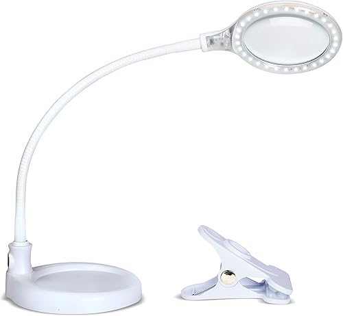 Brightech LightView Pro Flex 2 en 1 Lupa LED de 5 dioptrías. Lupa iluminada con soporte y abrazadera, para escritorio, costura, mesa, luz brillante