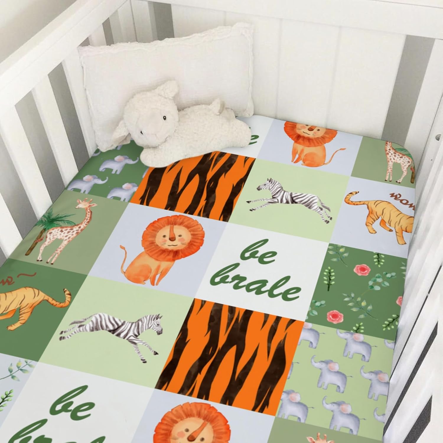 Cartoon Safari Animals Patchwork Baby Crib Sheet 52''x28'' Lions Tiger Elephant Zebra Snug Fitted Crib Mattress Cover Sheets for Boy Girl Nursery Bed Sheet for Standard Crib and Toddler Mattress