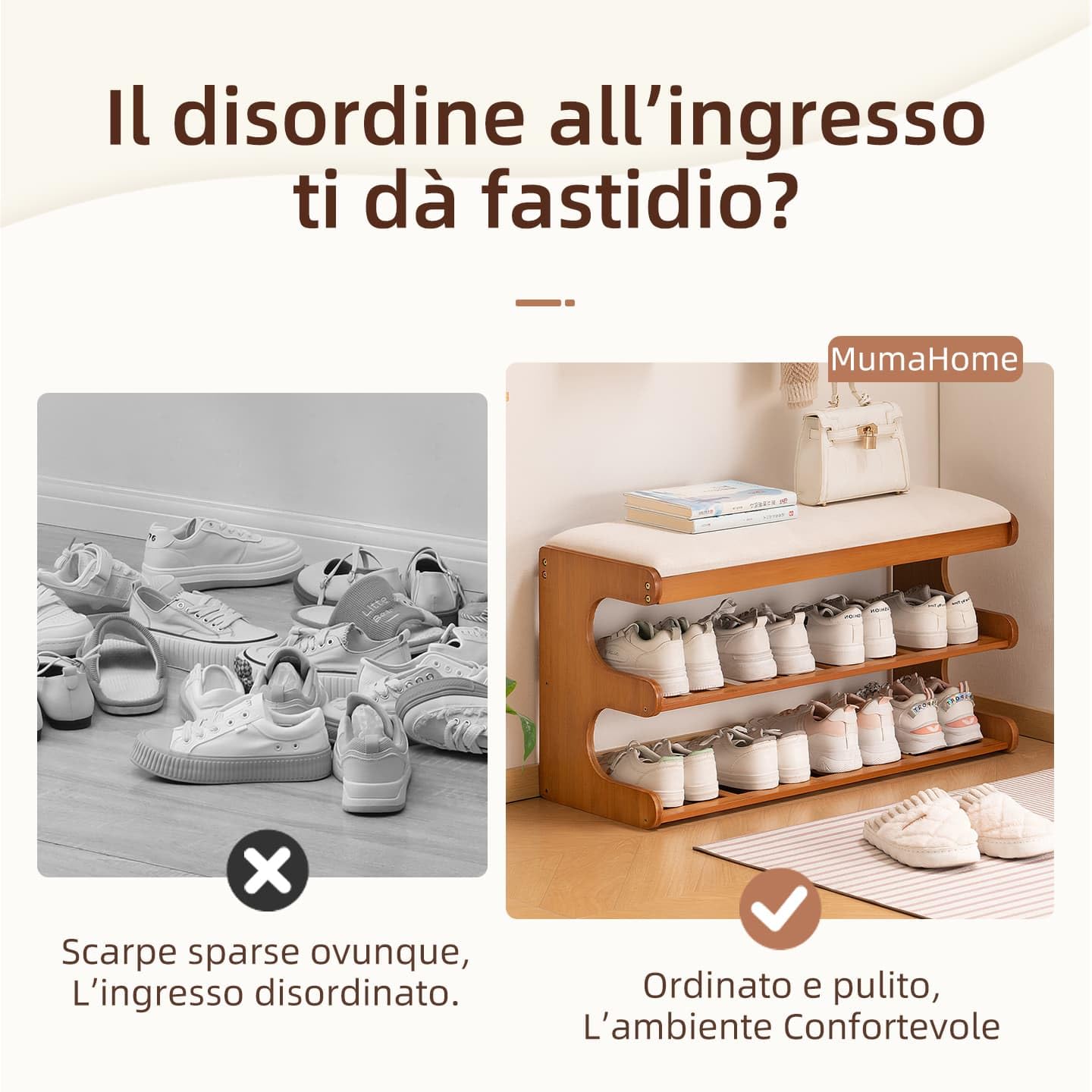 Panca Scarpiera Bambù con Seduta Imbottita, Porta Scarpe (cuscino bianco)