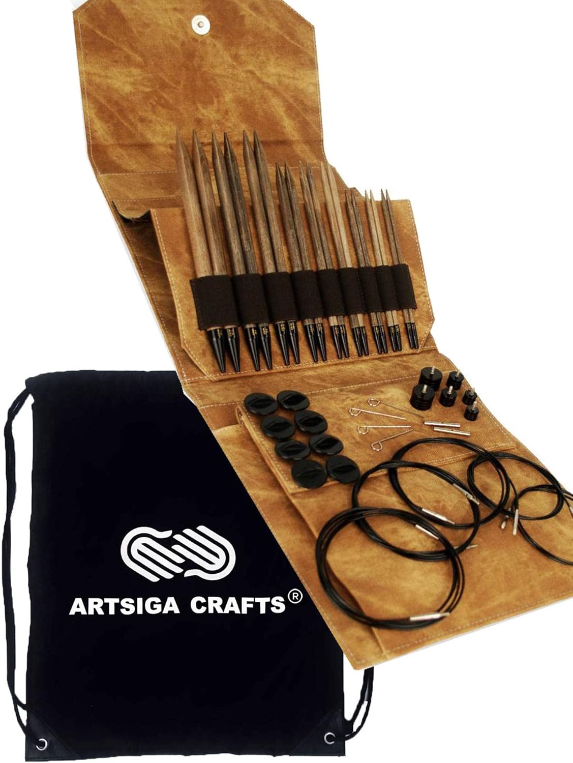 Lykke Umber 5.5, 6.5, 7.5 in. Long Interchangeable Knitting Needles Birchwood US Sizes US Sizes 7, 8, 9, 10, 10.5, 11, 13, 15, 17 with 5 Cords, connectors, Keys, Umber DM Case, Project Bag