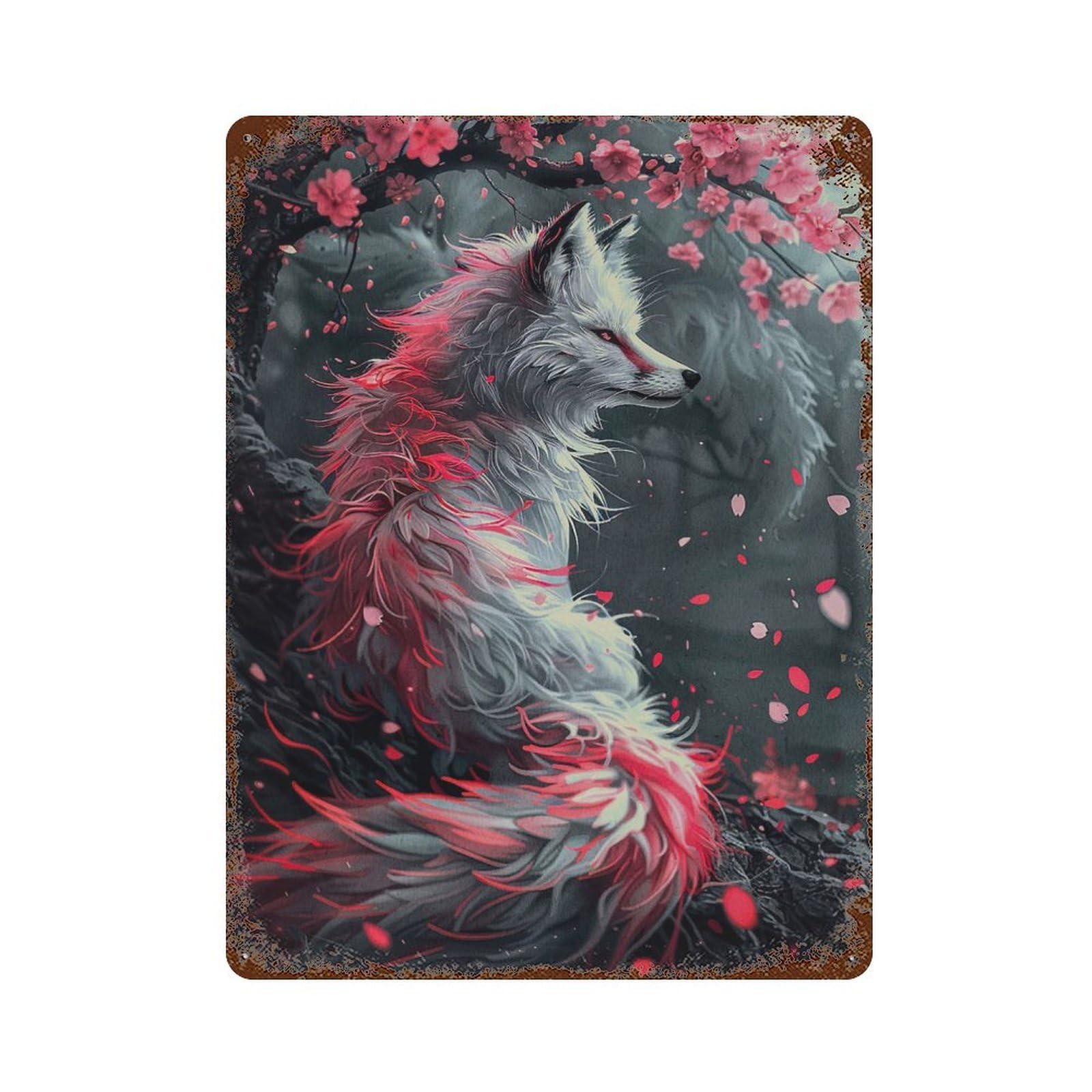 Vintage Metal Tin Sign Cherry Blossom Wolf 15.7"x11.8", Classic Wall Plaque for Pub, Kitchen And Man Cave Decor