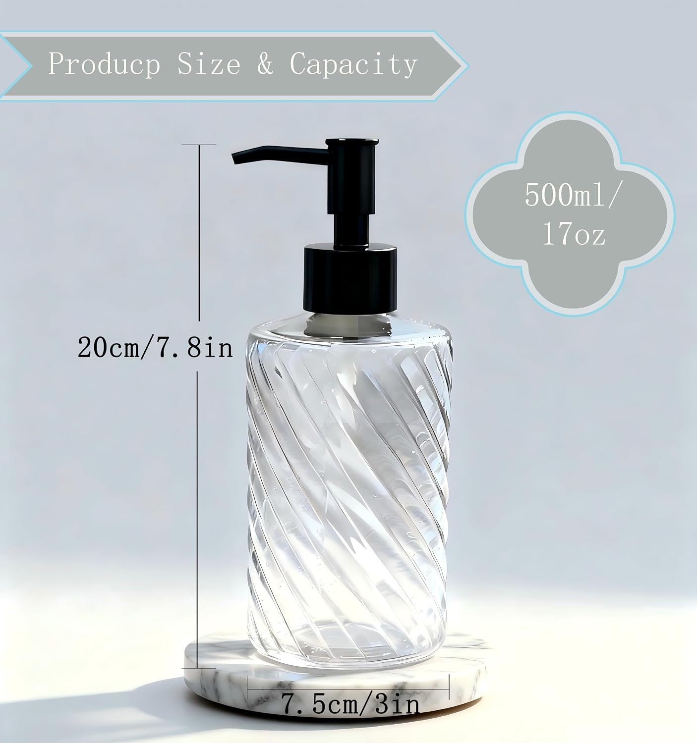500ml/17 Oz Textured Hand Glass Soap Dispenser with Black Plastic Pump Head, Refillable Liquid Soap Bottle, Suitable for Bathroom and Kitchen, Can Be Used for Hand Soap, Dish Soap, or Lotion