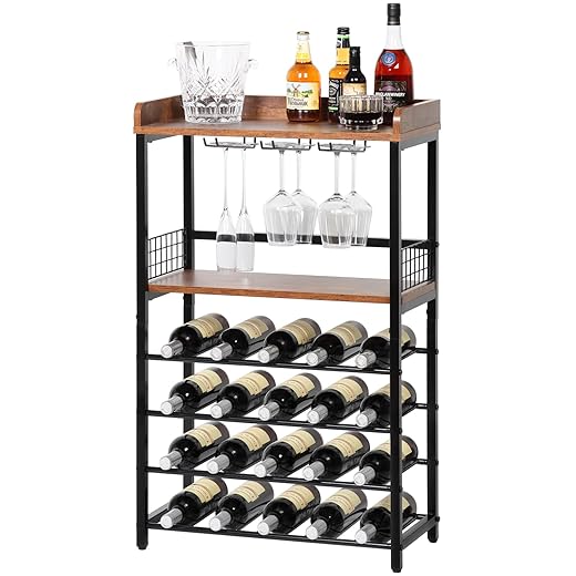 KATHY&BOB Morden Wood Wine Rack Freestanding Floor, 5-Tier Wine Storage Shelf with Wobble-Free Countertop, 20-Bottle Stackable Wine Glass Holder Rack for Home Bar Kitchen Dining Room (Brown, Small)