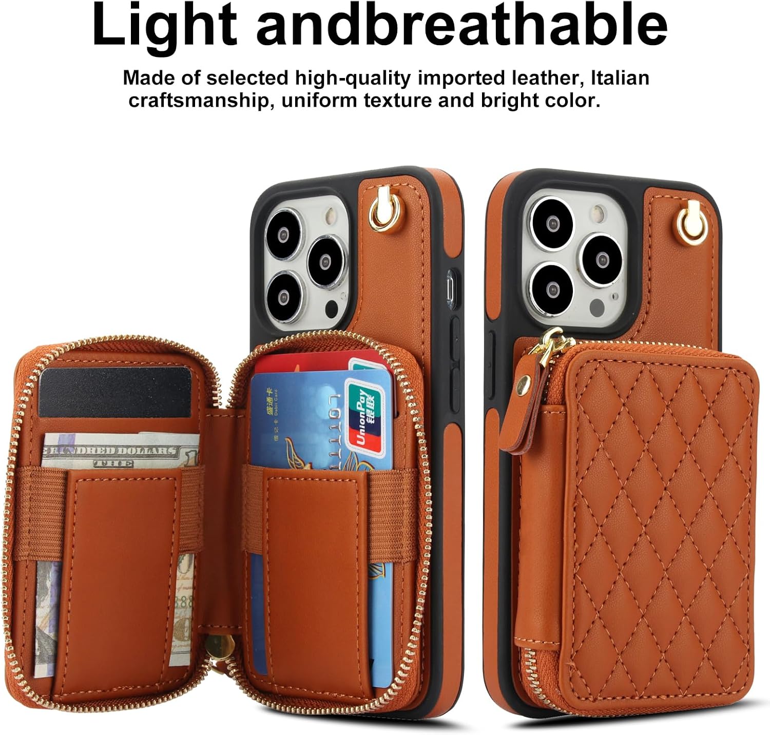 Phone Case for iPhone 13 Pro 6.1 inch Wallet Cell Cover with Tempered Glass Screen Protector Wrist Crossbody Strap RFID Blocking Card Holder TPU iPhone13Pro 5G i i-Phone i13 iPhone13 13Pro Women Brown
