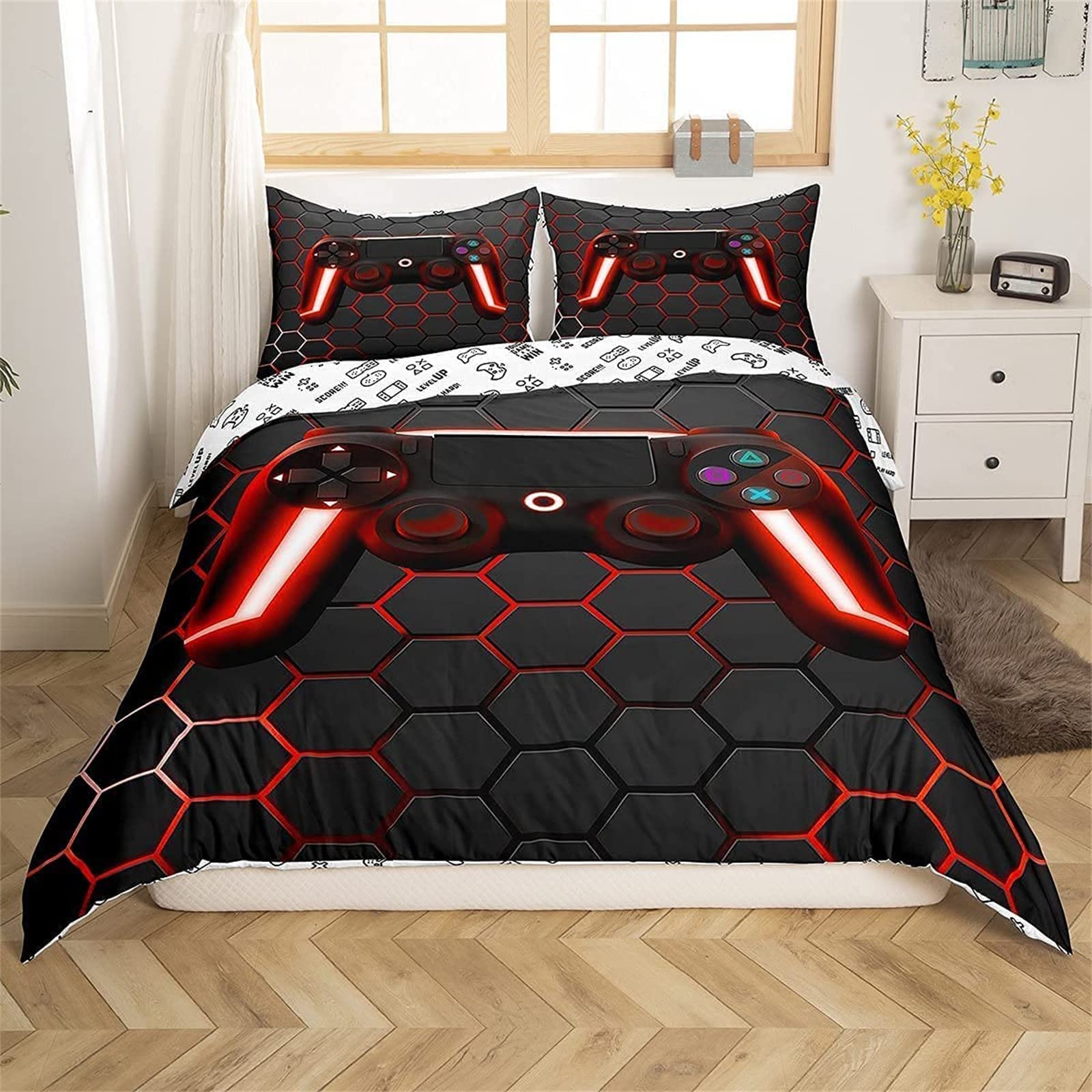 Parure de lit 90x190 cm enfant avec housse de couette zippée et taie d'oreiller gamer noir