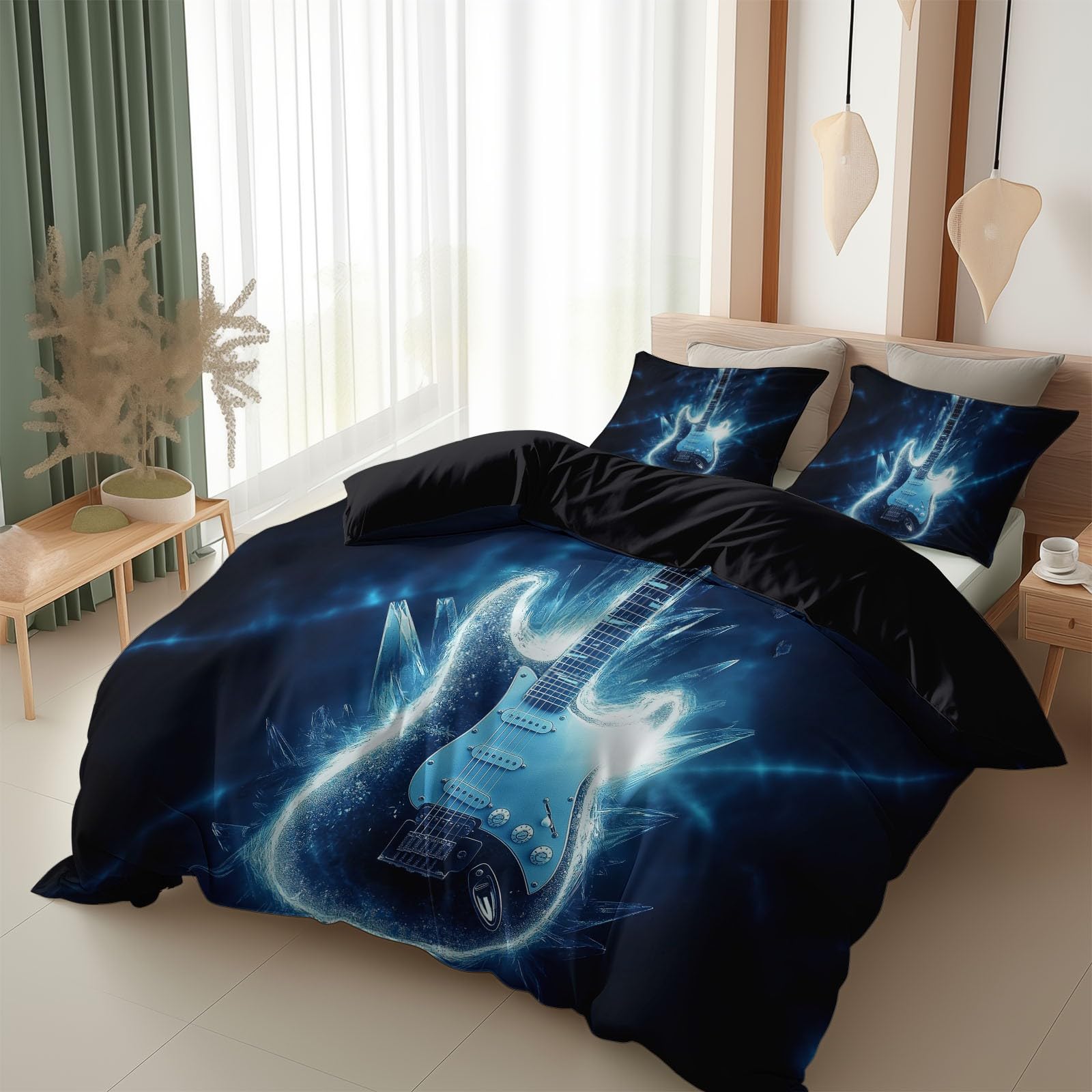 Srigzcaly Cot-bed Size Duvet Cover Set 120 x 150 cm, Cosy Warm Reversible 3D Ice Crystal Guitar Bedding Set with 2 Pillowcases for Kids, Soft Microfiber black Quilt Cover with Zipper Closure