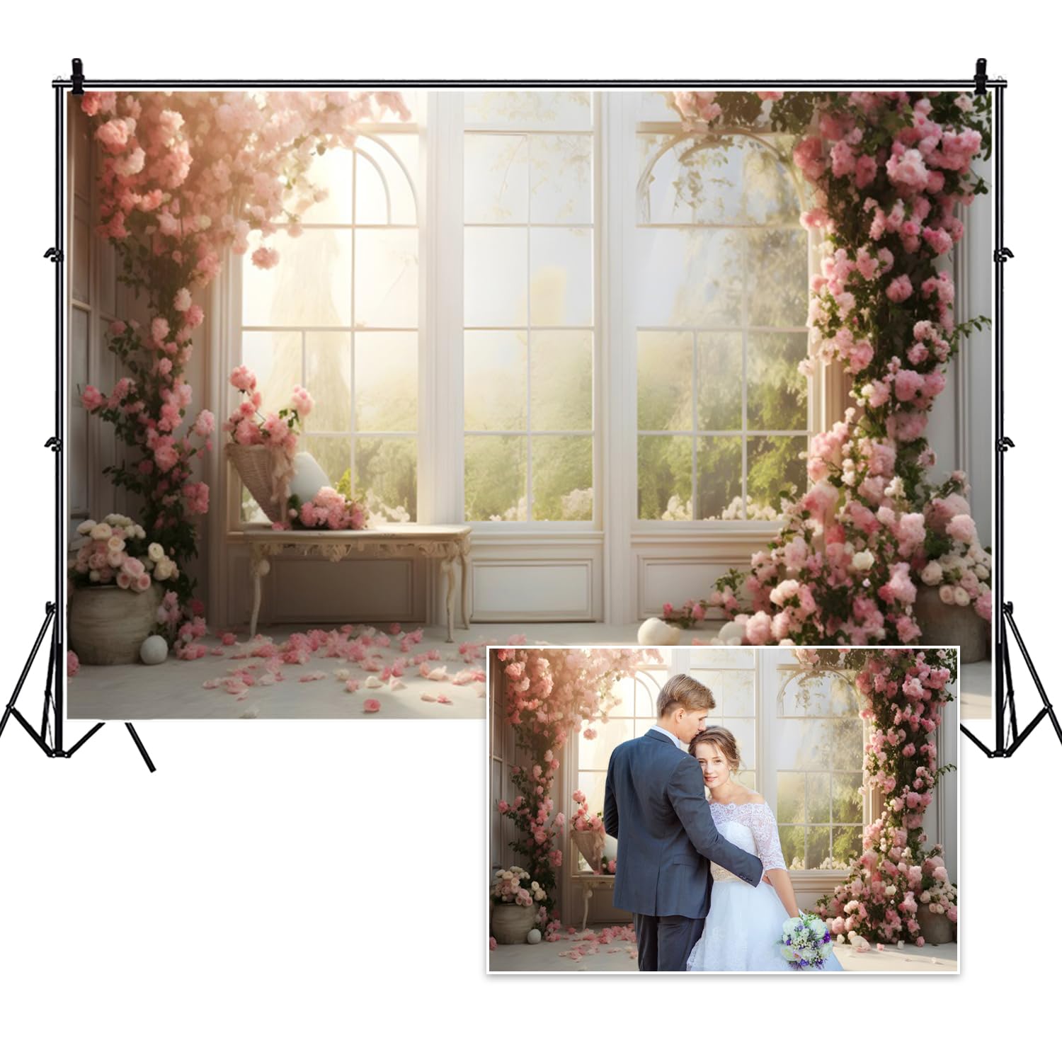 Vie Savaran Wedding Backdrop 7x5ft Valentine's Day Pink Rose Flower White French Window Fairy Tale Romantic Elegant Photography Background Bridal