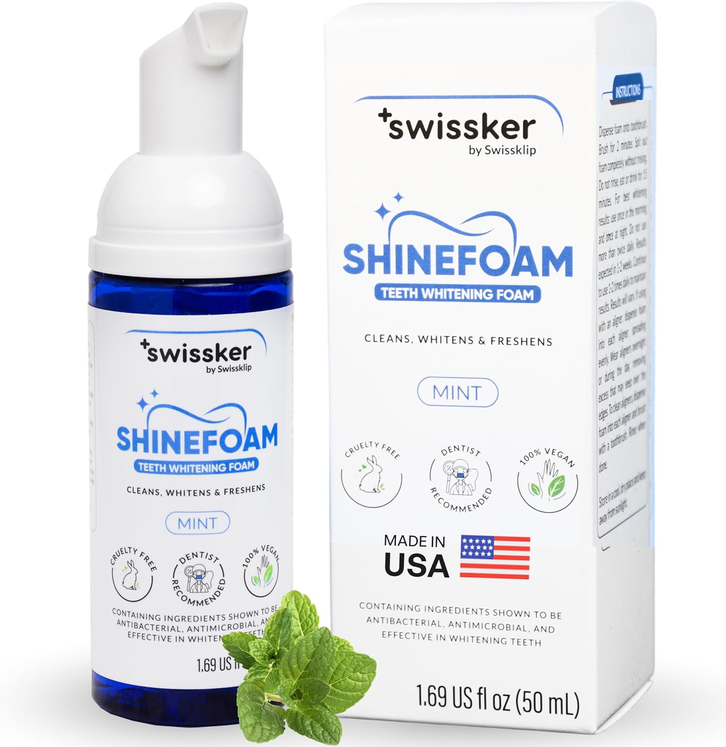 Swissker by Swissklip ShineFoam | Teeth Whitening Foam | Mint Flavor Whitening Toothpaste | Teeth Whitener I Professional Teeth Whitening Kit | 100% Vegan – Made in USA – 1.69 oz – Pack 1