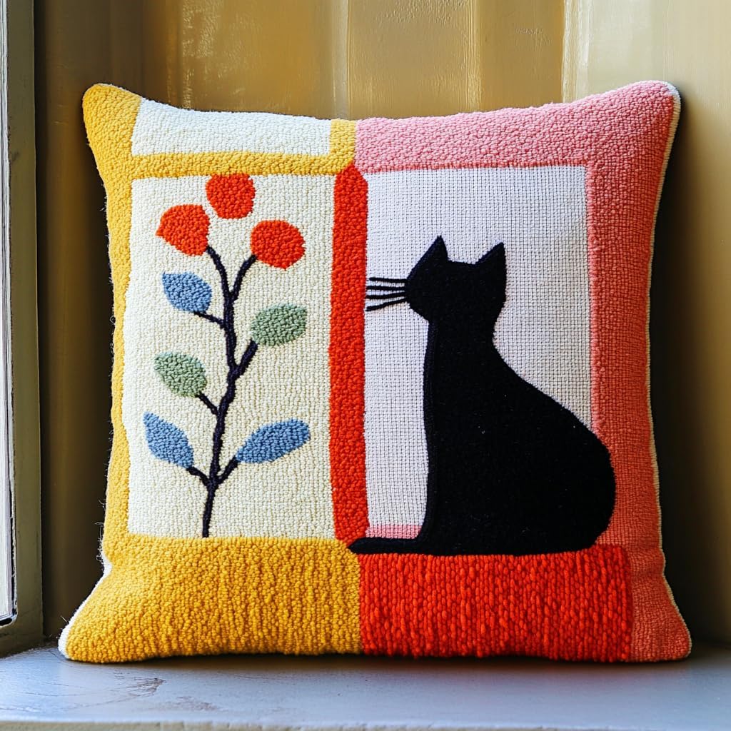 DIY Punch Needle Pillow Kit Cat and Window with Pattern and Hoop Handmade Embroidery Punch Needle Starter Pillowcase Making Set for Home Sofa Decoration 43x43cm-2