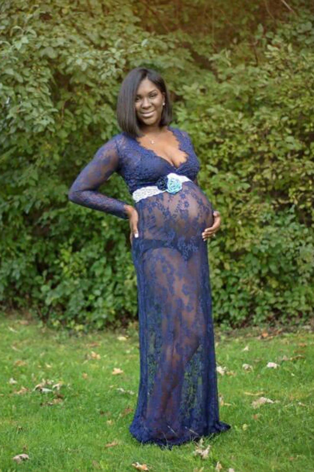 ZIUMUDY Sexy Deep V-Neck Long Sleeve Lace Beach See-Through Maternity Maxi Dress: X-Large Navy Blue