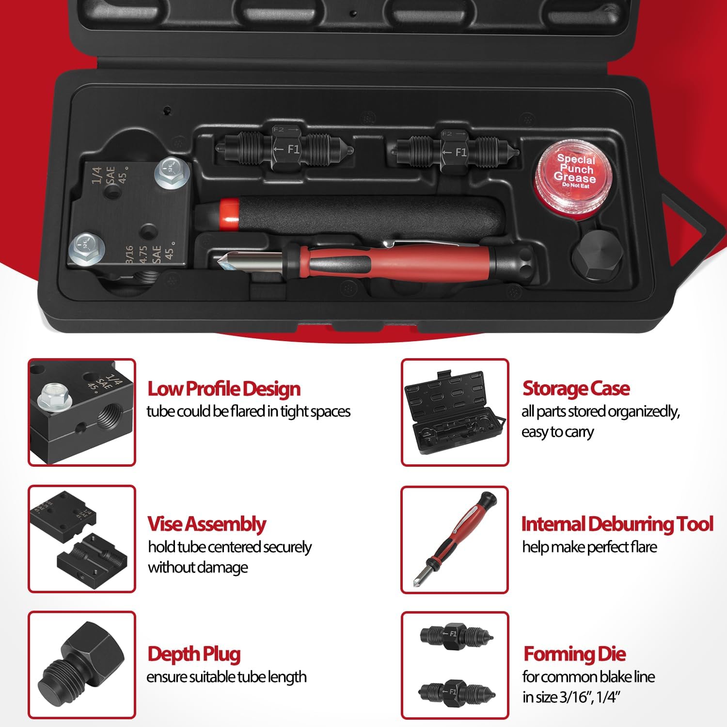 Low Profile Brake Flaring Tool Kit - Single/Double Flaring Tool for 3/16”, 1/4”, 4.75mm Tubing, Replace for 33260