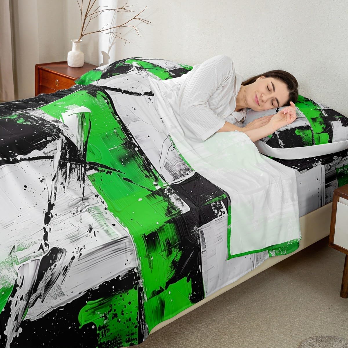 jejeloiu Black and Green Bed Sheets Set Twin Size Abstract Bed Set for Kids Boys Girls Deep Pocket Fitted Sheet Modern Art Breathable Soft Lightweight Microfiber