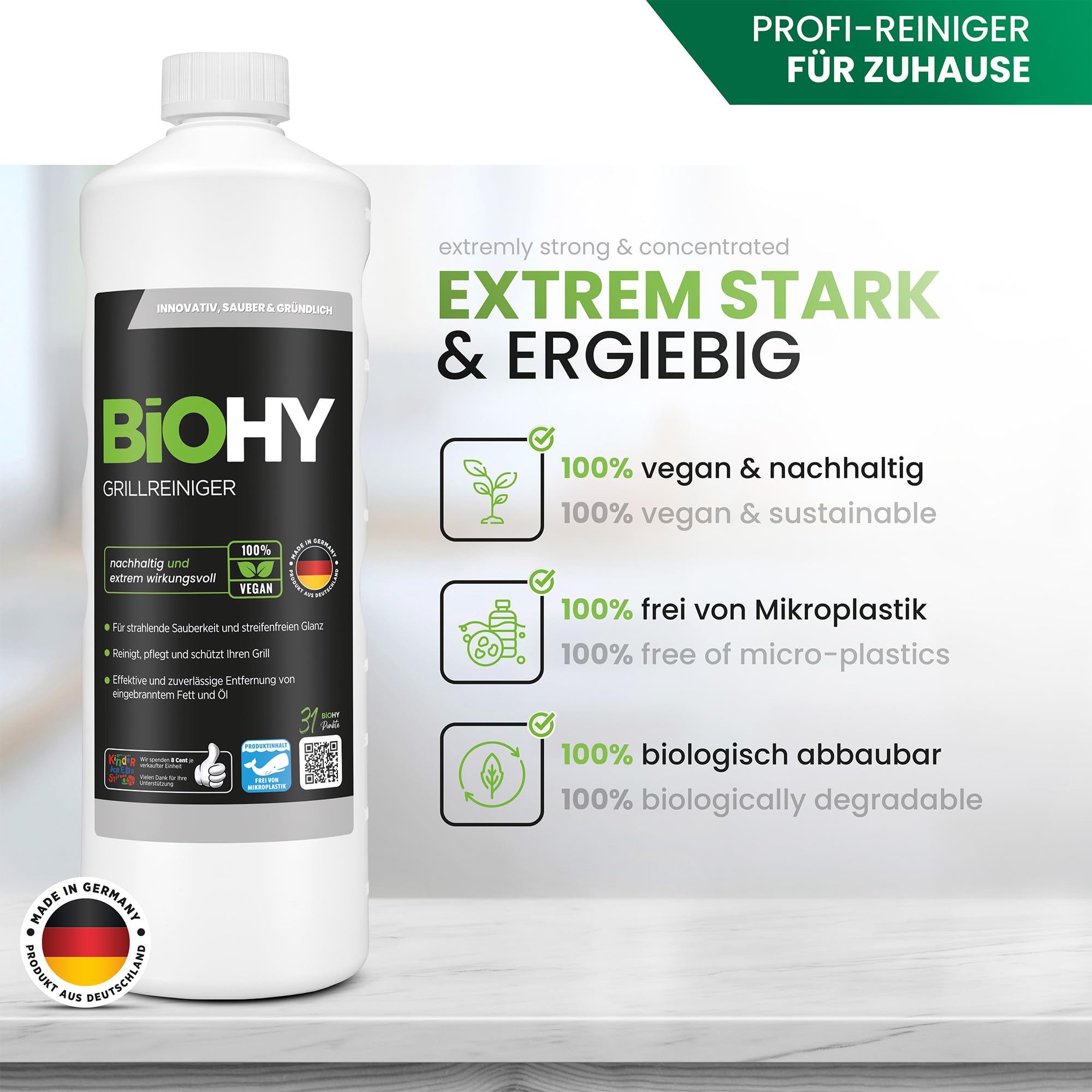 BiOHY Limpiador de parrillas (12 botellas de 1 litro) + Dosificador | limpiador para barbacoa de carbón vegetal, gas y eléctrica | espuma activa contra la grasa quemada y el aceite (Grillreiniger)