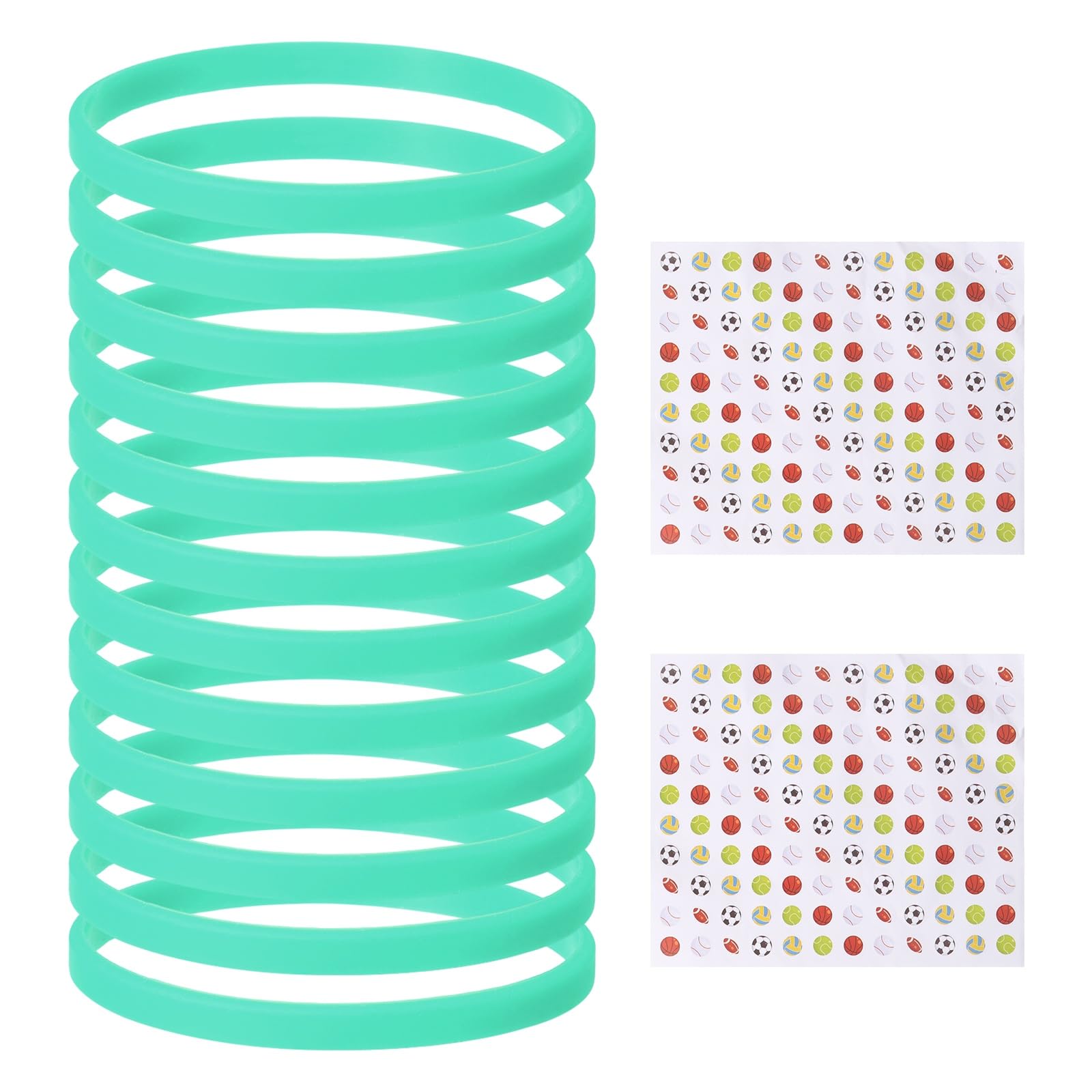 YELARXI Silicone Bracelets, Dia 14-19cm Solid Color Rubber Wristbands, Blank Stretch Band with Sport Stickers 12 Pcs & Bean Green -Fitting For(Basketball/Men/Women/Party/Sports Train)