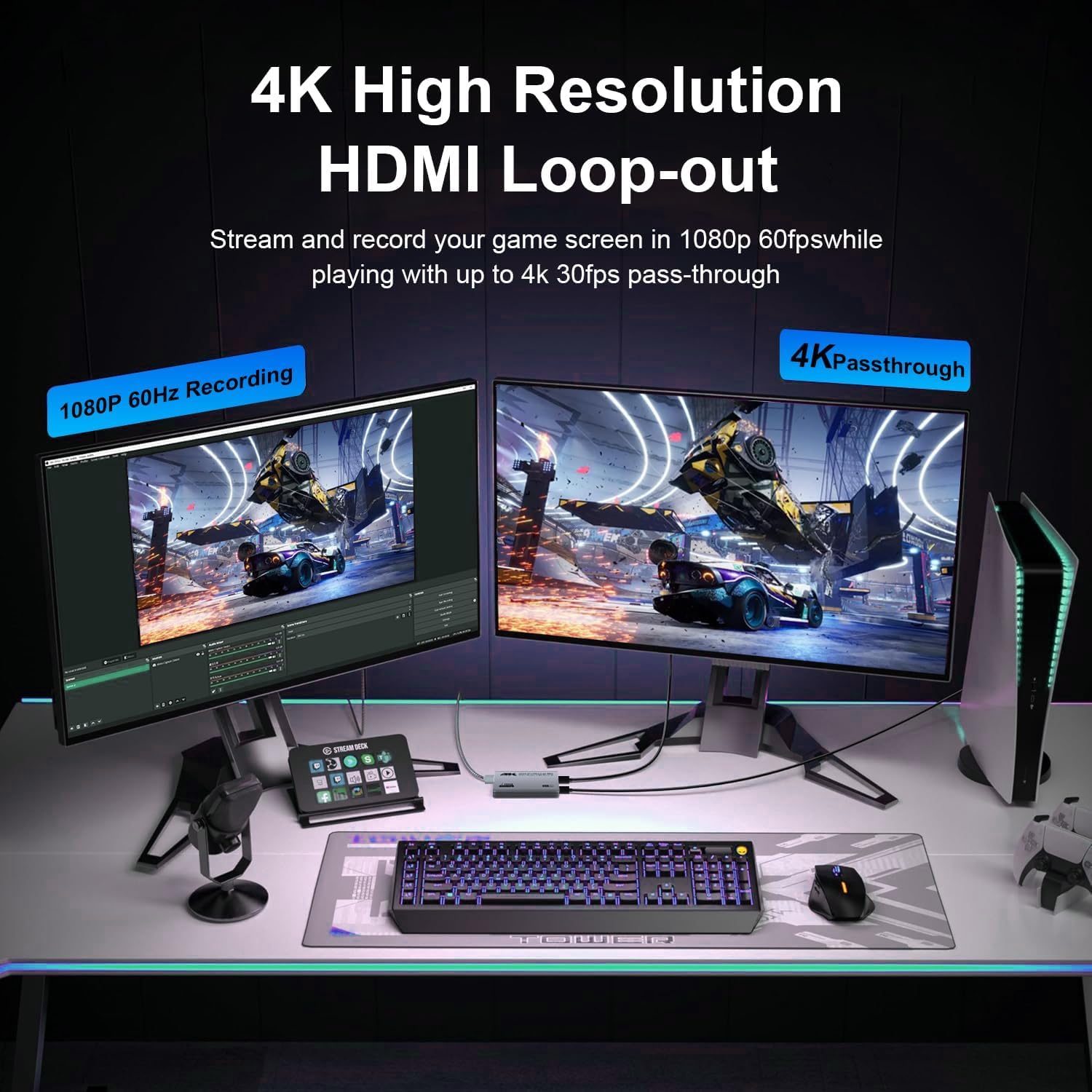carte de capture vidéo HDMI 4K, audio et USB 3.0 4K HDMI Loop-Out, 1080P 60FPS/2K 30FPS Vidéo de Jeu pour Streaming Fonctionne pour PS5/Switch/Caméra/PC/OBS