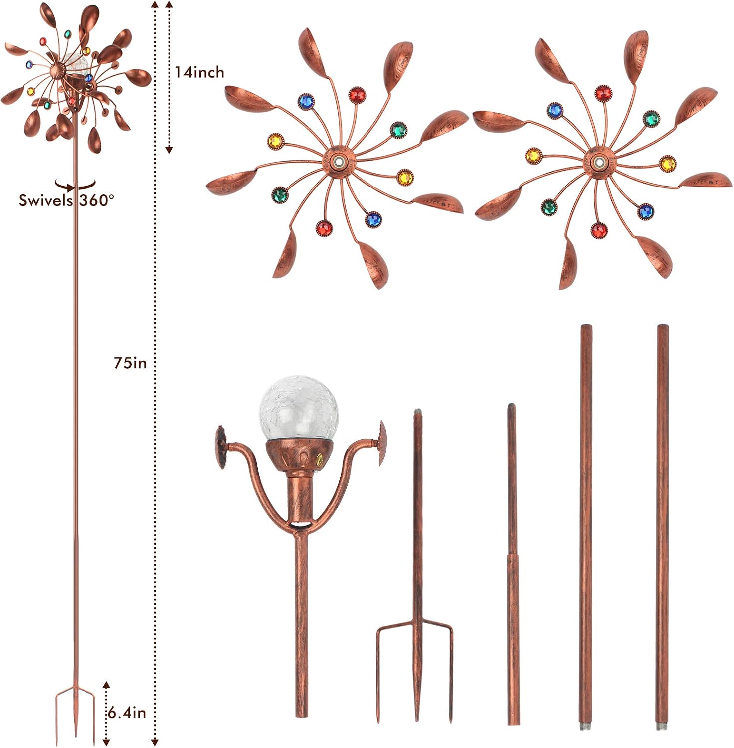 BOTINDO Solar Wind Spinner 75 Inch Easy Spinning Kinetic Metal Wind Catchers Spinners for Outdoor Yard Patio Lawn Garden Decorations, Double Windmill Spinner Birthday Gifts for Women