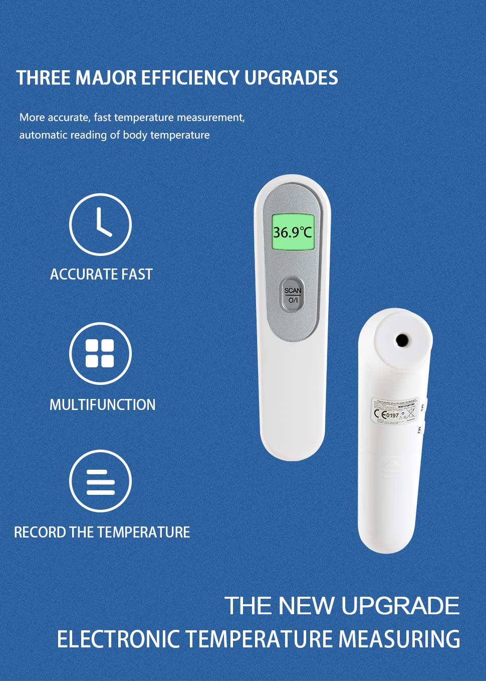 Diagram illustrating the thermometer's features: Accurate Fast, Multifunction, and Record the Temperature.