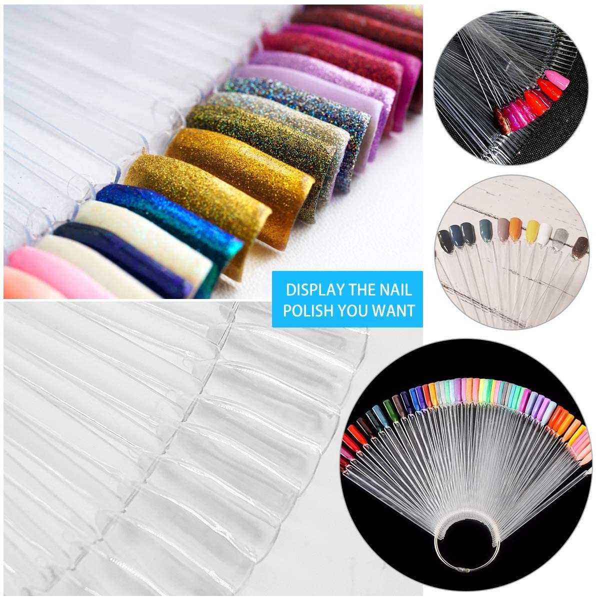 COSLUXE Fan-shaped Nail Art Tips Display Polish Board Display Practice Sticks Tool with Metal Screw Split Ring Holder (Clear, 50 Pcs set) 2