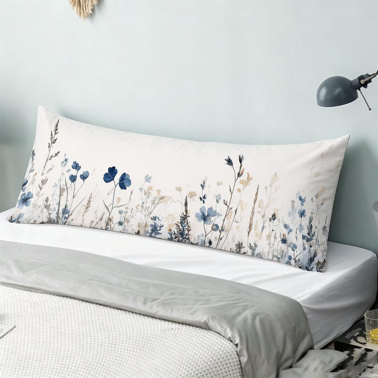 Funda de Almohada 60 x 180 cm Plano Protector Almohada 180 cm con Cremallera Invisible, Lino Durable y Transpirable Pillow Case Largas Planta Impresión a Doble Cara para Cama, Sofá y Dormitorio dg-243
