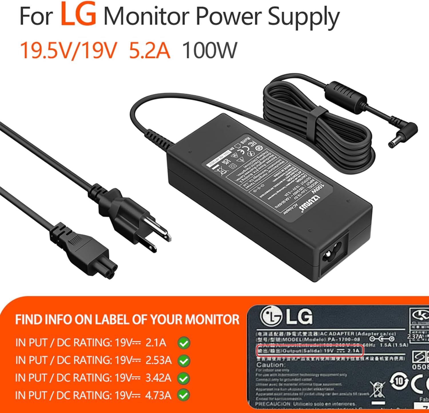 19V/19.5V 2.1A 2.53A 3.42A 4.7A AC Adapter for LG Monitor Power Cord Compatible with Select LG 19-34 Inch LED LCD Displays Replacement Power Supply for Ultrawide Monitor Models