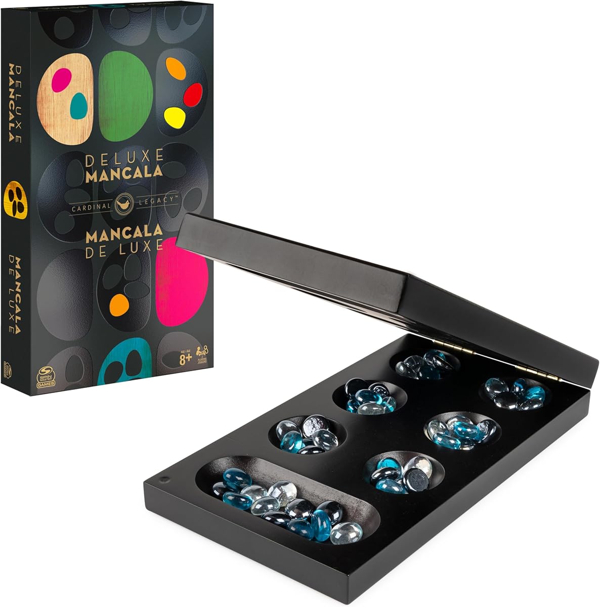 Spin Master Games, Legacy Deluxe Mancala, juego clásico con tablero de madera plegable y piedras de vidrio de colores, juego familiar, para mayores de 8 años