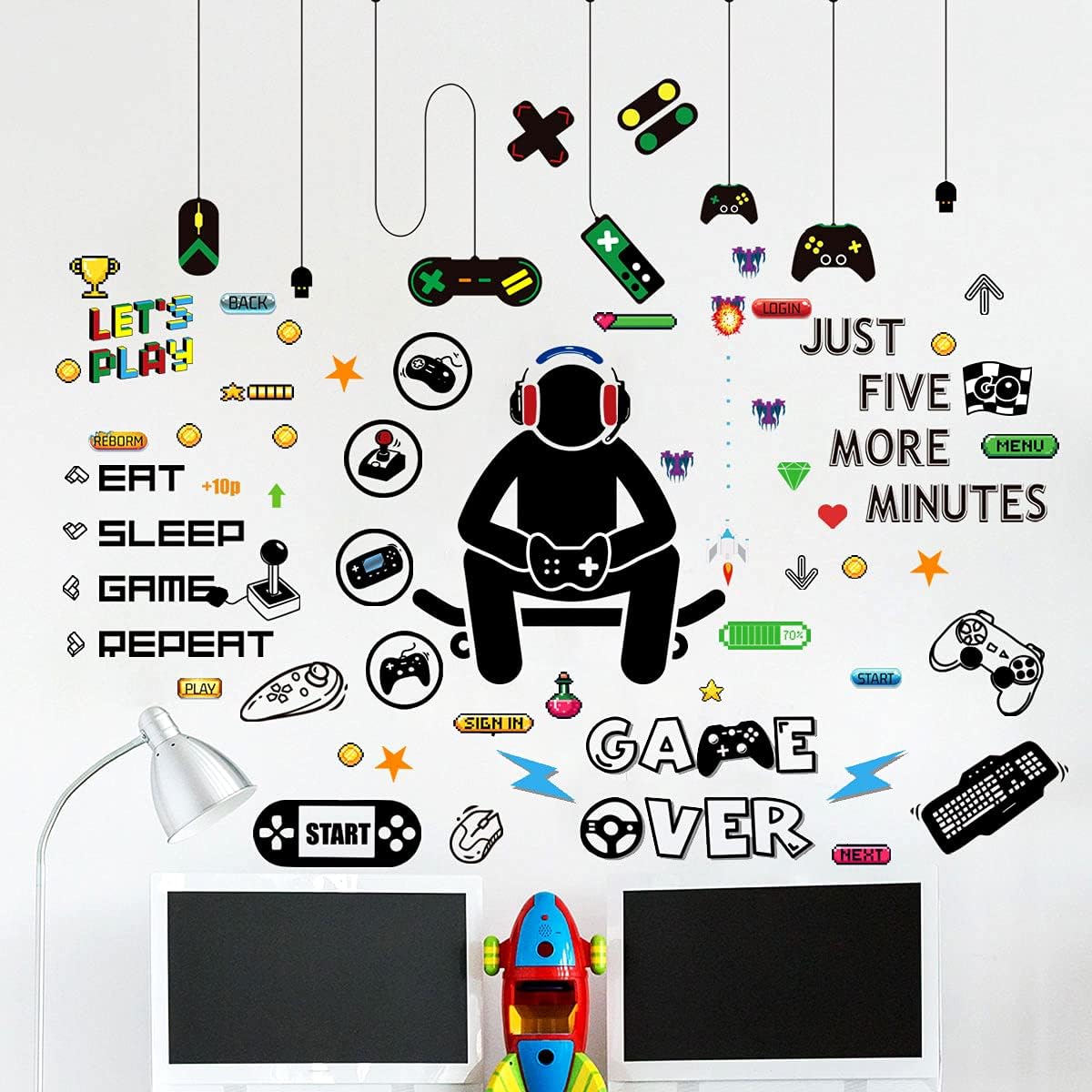 Video Game Wall Decal, Game Controller Wall Decals, Video Gamer Wall Sticker, Colorful Video Game Wall Decal Sticker, Colorful Gamer Theme Decoration, for Boys Room Kids Bedroom Decor