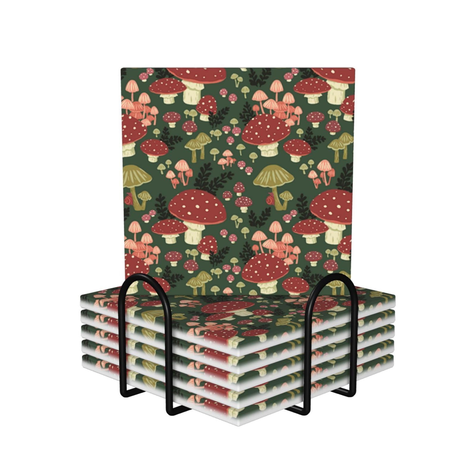 Set di 6 sottobicchieri in ceramica con funghi luminosi, accessori eleganti per la cucina e la casa