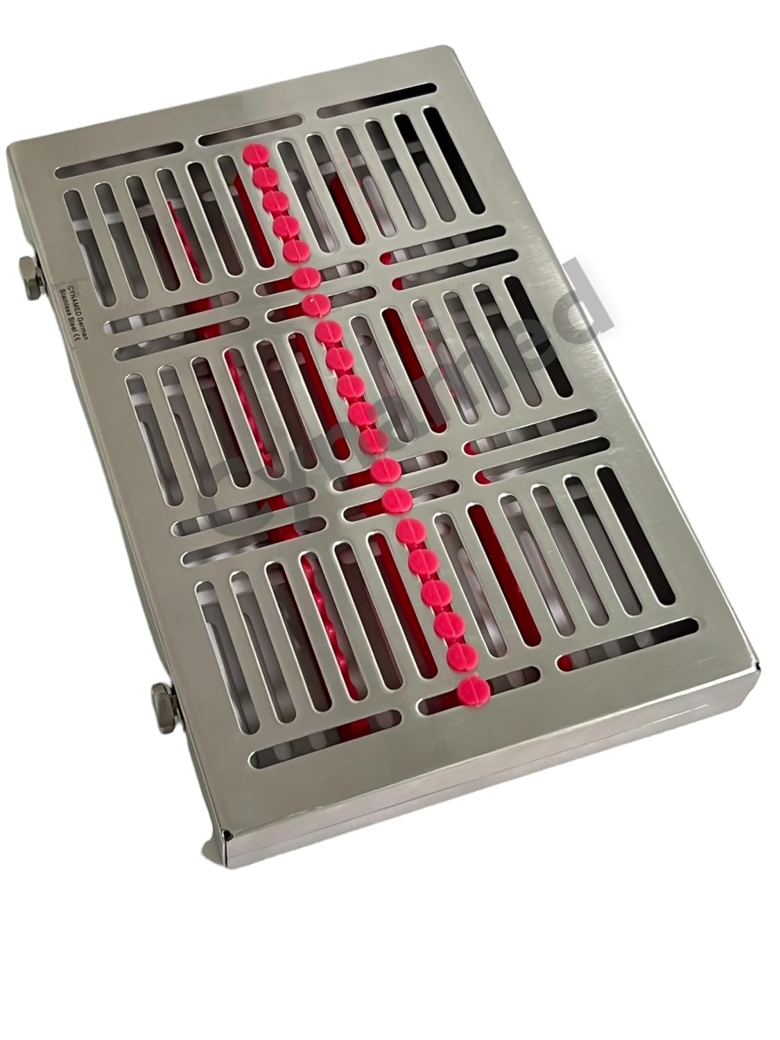 20 Slot Autoclave Cassette with Pink Silicone Inserts, Double Lock Buttons, and Dettachable Lid - Fits 20 Instruments - 11" x 7" x 1.25"