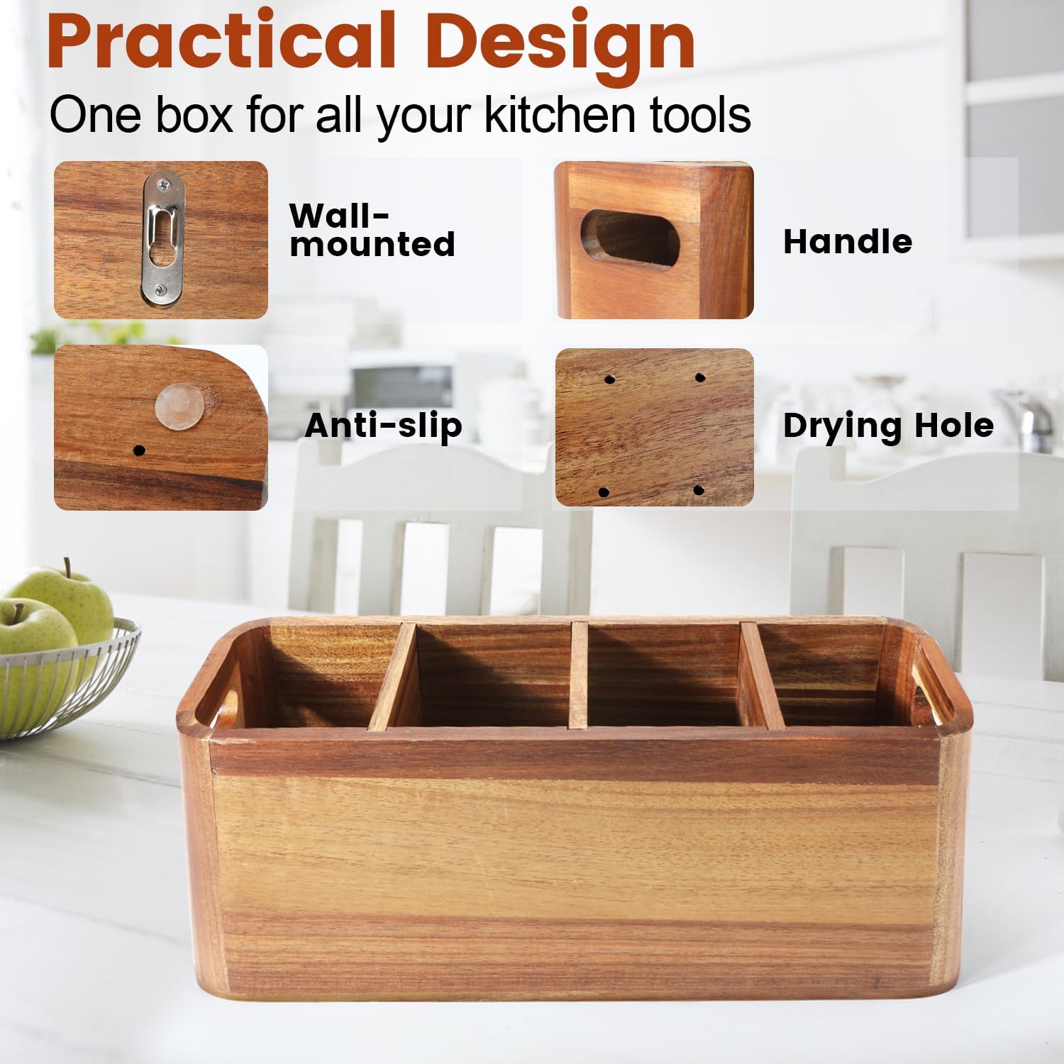 Kitchen Utensil Holder for Counter or Countertop, Large Wooden Utensil Holder with 4 Compartments, Acacia Wood Organizer for Cooking Utensils and Silverware, Ideal Gift for Kitchen Decor