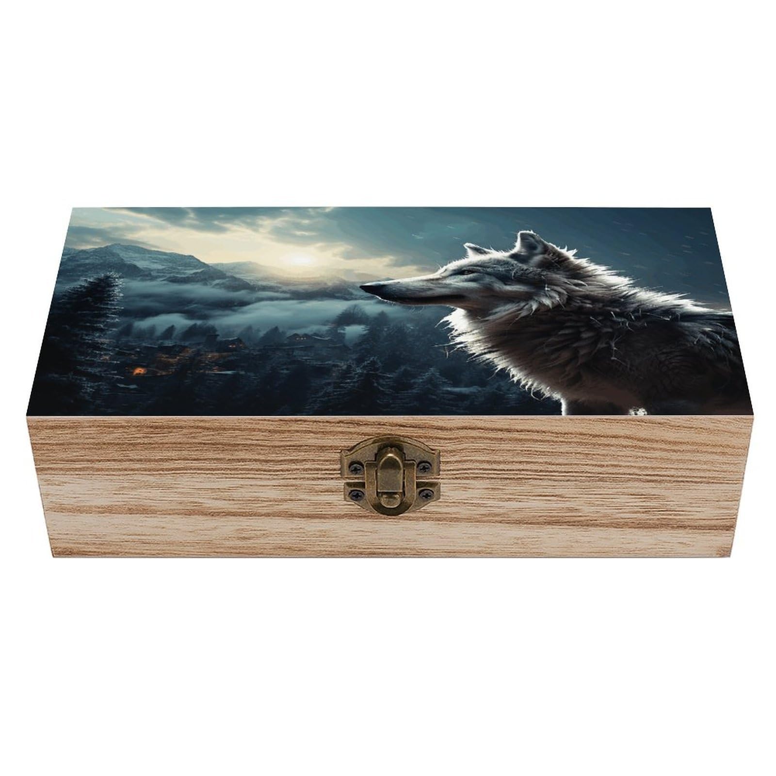 VstaDank Wolf at Night Wooden Storage Box Wooden Keepsake Box with Hinged Lid Exquisite Solid Wood Decorative Jewelry Case Memory Box for Jewelry Photos Letters Crafts Trinkets