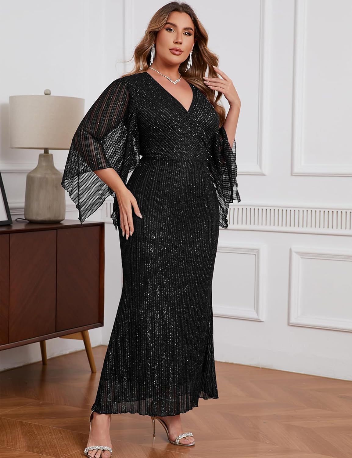 CYCLAMEN Plus Size Sparkly Formal Dress Lace Maxi V Neck Mermaid Cocktail Evening Wedding Guest - Image 6