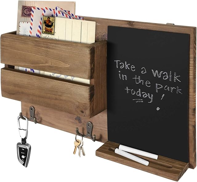 Flexzion Rustic Wood Entryway Mail Sorter Holder, Wall Mount Mudroom Storage Organizer with Blackboard Chalkboard Memo Board Message Sign & Key Hook Rack/f Front Door Furniture Accessory Home Office