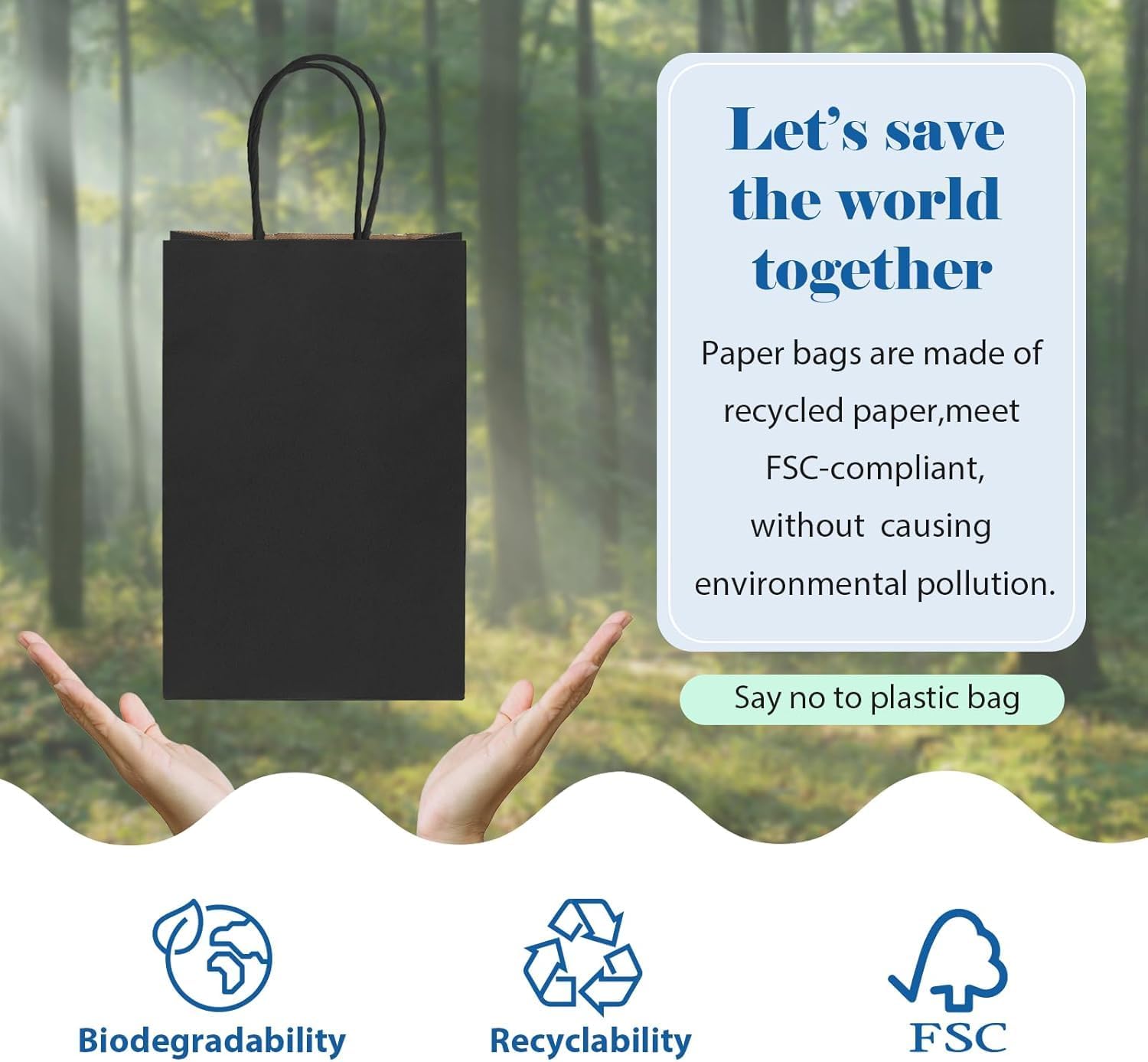 GSSUSA 200 Pack Black Paper Gift Bags 5.25x3.75x8'', Black Kraft Bags with Handles Bulk for Shopping, Craft, Grocery, Party, Retail, Lunch, Business, Wedding, Merchandise, Boutique - Image 4