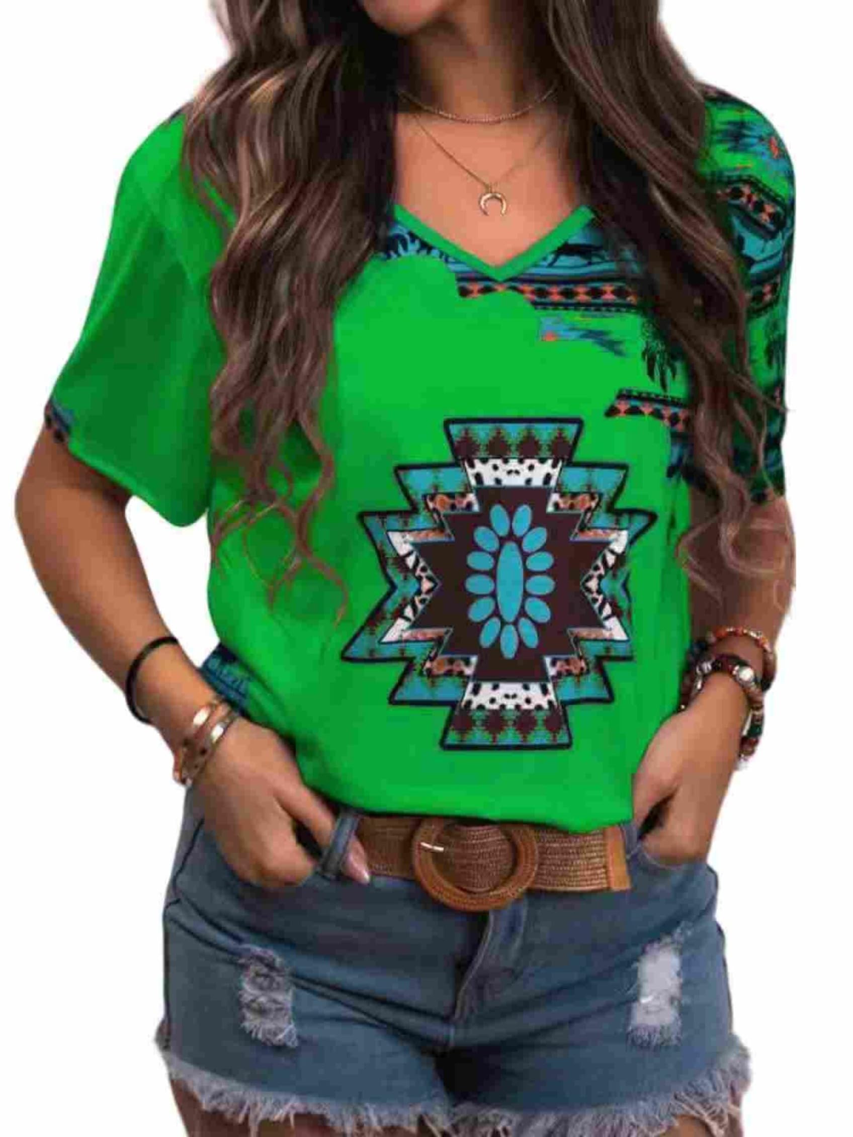 Aztec Print Tops for Women Western Tribal Ethnic Style Short Sleeved Shirt V-Neck Casual Loose Fitting T-Shirt